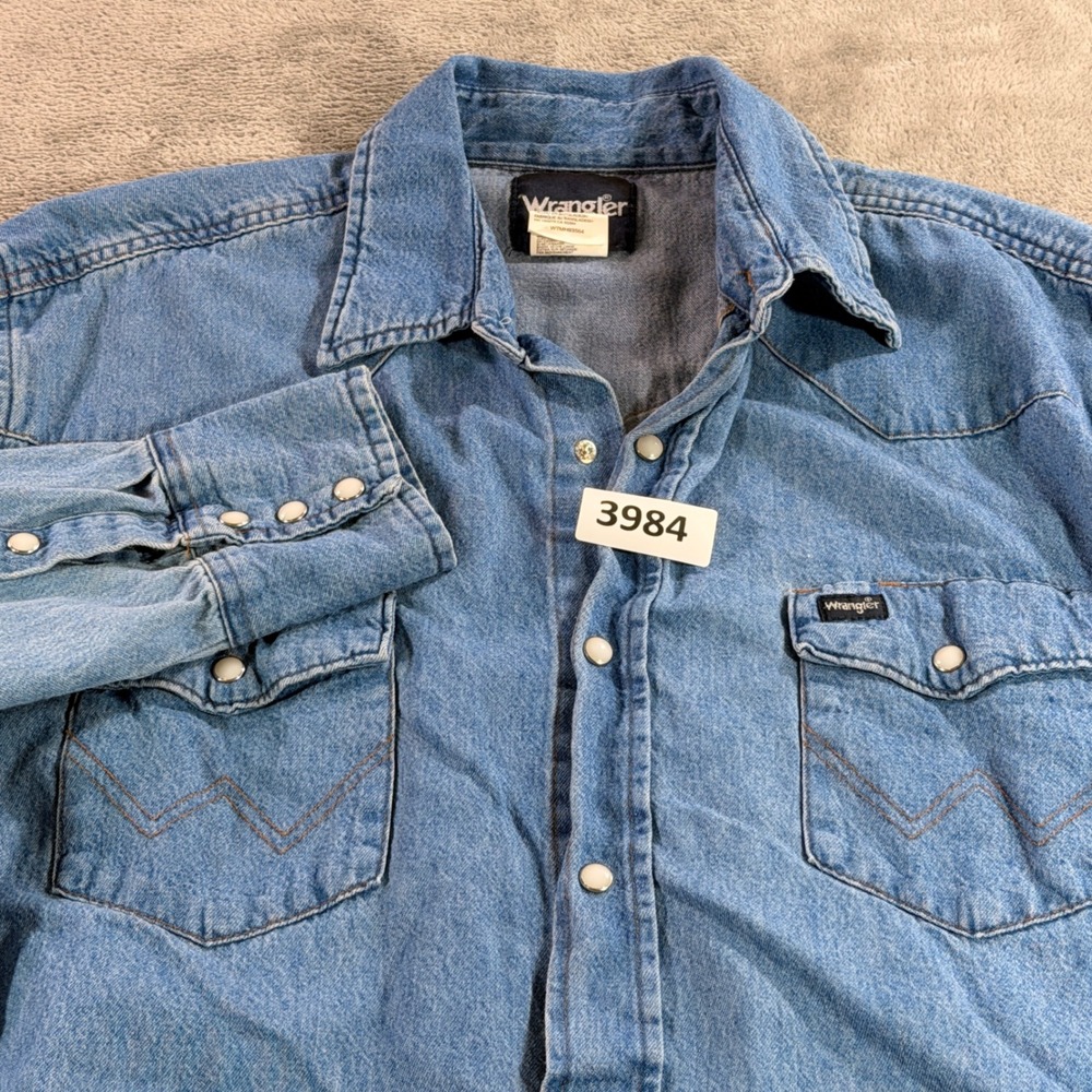 Wrangler Western Shirt Mens XL Blue Denim Pearl Snap Long Sleeve Cowboy